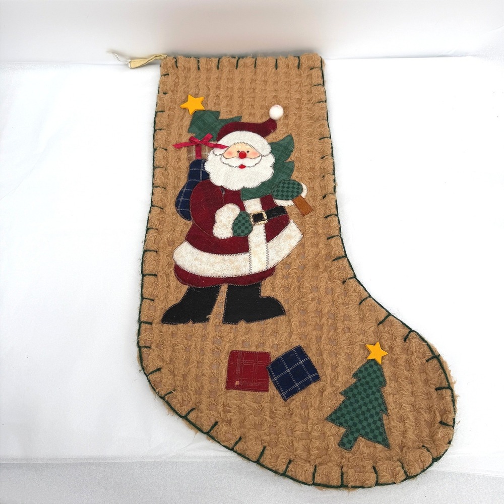 Ganz Christmas Stocking Santa‎ Claus Applique Waffle Weave Rustic Holiday